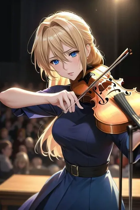 masterpiece, best quality, detailed,Super high quality0,perfect anatomy,beautiful light and shadow, ,Beautiful white skin ,blond hair,blue eyes,disheveled hair,slim,adult,woman in her late 30s ,1woman,Violet Evergarden,
,
on stage,The spotlight is on,playing the violin,violin solo concert,
simple and elegant dress,sweating,serious face,Please play the violin as hard as you can,
