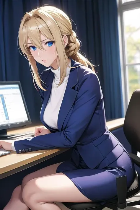 masterpiece, best quality, detailed,Super high quality0,perfect anatomy,beautiful light and shadow, ,Beautiful white skin ,blond hair,blue eyes,disheveled hair,slim,adult,woman in her late 30s ,1woman,Violet Evergarden,
,Various poses,serious expression0,various hairstyles,from various directions,
anime style high quality 8k digital painting,sitting on a chair next to a computer, wearing a womans suit, Wear a suit casually, no tie, office setting in a cubicle, white lighting, working hard, masterpiece quality,