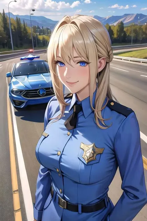 masterpiece, best quality, detailed,Beautiful white skin ,blond hair,blue eyes,disheveled hair,slim,adult, ,1woman,Violet Evergarden,pointy high nose,smile,nose bridge,whole body,
policewoman,highway patrol,1woman,california highway patrol,
,Look at me and laugh,
outdoor,highway,Under crackdown,police car behind,