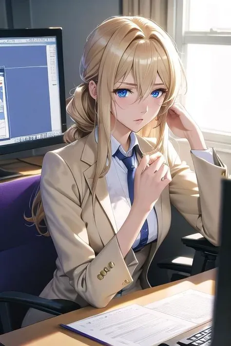 masterpiece, best quality, detailed,Super high quality0,perfect anatomy,beautiful light and shadow, ,Beautiful white skin ,blond hair,blue eyes,disheveled hair,slim,adult,woman in her late 30s ,1woman,Violet Evergarden,
,Various poses,serious expression0,various hairstyles,from various directions,
anime style high quality 8k digital painting,sitting on a chair next to a computer, wearing a womans suit, Wear a suit casually, no tie, office setting in a cubicle, white lighting, working hard, masterpiece quality,