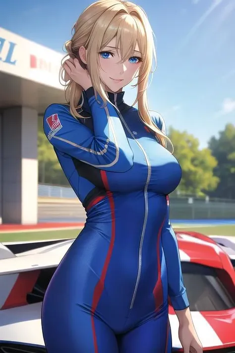 masterpiece, best quality, detailed,Super high quality0,perfect anatomy,beautiful light and shadow, ,Beautiful white skin ,blond hair,blue eyes,disheveled hair,slim,adult,woman in her late 30s ,1woman,Violet Evergarden,
,Various poses,various expressions,various hairstyles,from various directions,
smile,happiness,
Racing suit for auto racing,hold a helmet under one's arm,
outdoor,circuit,stand in front of a racing car,