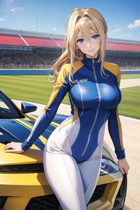 masterpiece, best quality, detailed,Super high quality0,perfect anatomy,beautiful light and shadow, ,Beautiful white skin ,blond hair,blue eyes,disheveled hair,slim,adult,woman in her late 30s ,1woman,Violet Evergarden,
,Various poses,various expressions,various hairstyles,from various directions,
smile,happiness,
Racing suit for auto racing,hold a helmet under one's arm,
outdoor,circuit,stand in front of a racing car,