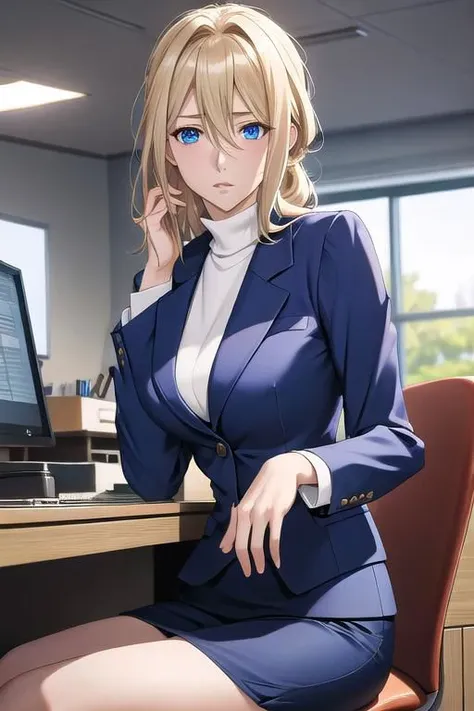 masterpiece, best quality, detailed,Super high quality0,perfect anatomy,beautiful light and shadow, ,Beautiful white skin ,blond hair,blue eyes,disheveled hair,slim,adult,woman in her late 30s ,1woman,Violet Evergarden,
,Various poses,serious expression0,various hairstyles,from various directions,
anime style high quality 8k digital painting,sitting on a chair next to a computer, wearing a womans suit, Wear a suit casually, no tie, office setting in a cubicle, white lighting, working hard, masterpiece quality,