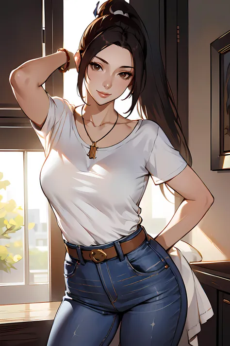 masterpiece, best_quality, photorealistic, unreal_engine,ultra_res,
1girl, shiranui mai, brown eyes,<lora:shiranui_mai:0.7>
ponytail, collarbone
white  t-shirt, oversized shirt,  short sleeve,
denim pants, jewelry, necklace, belt
large breasts  , waist,  
watching at viewer, smile , upturned eyes
standing , (sexy pose:1.2) waist shot,
<lora:Style_hews_style:0.5>HEWS STYLE
 <lora:Style_cutesexyrobutts_v2:0.2>CSR STYLE