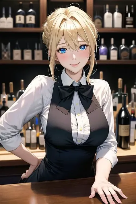 masterpiece,best quality, ultra res, extremely detailed,droopy eyes,
1woman,perfect anatomy,
,Beautiful face,blond hair ,blue eye ,Violet Evergarden,
white dress shirt,black bow tie,black slacks,bartender,Looks happy,
late night,dark store,cocktail bar,Making cocktails at the bar counter,shake the shaker with both hands,