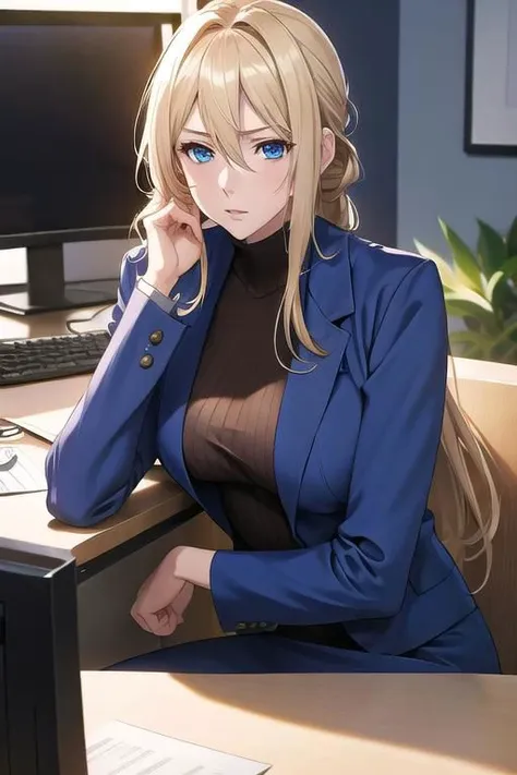 masterpiece, best quality, detailed,Super high quality0,perfect anatomy,beautiful light and shadow, ,Beautiful white skin ,blond hair,blue eyes,disheveled hair,slim,adult,woman in her late 30s ,1woman,Violet Evergarden,
,Various poses,serious expression0,various hairstyles,from various directions,
anime style high quality 8k digital painting,sitting on a chair next to a computer, wearing a womans suit, Wear a suit casually, no tie, office setting in a cubicle, white lighting, working hard, masterpiece quality,