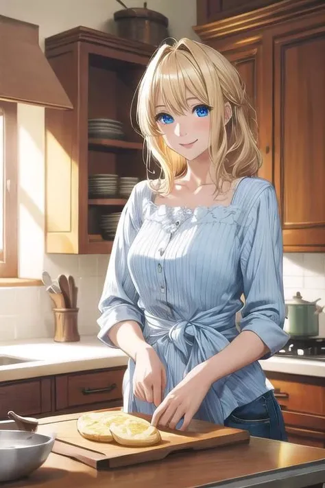 masterpiece, best quality, detailed, sidelighting,Beautiful white skin ,blond hair,blue eyes,disheveled hair,slim, voluptuous,adult, ,Smile for the camera,Casual attire,
indoor,kitchen,