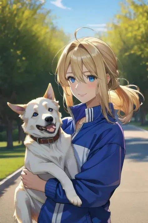 masterpiece, best quality, detailed,Super high quality0,perfect anatomy,beautiful light and shadow, ,Beautiful white skin ,blond hair,blue eyes,disheveled hair,slim,adult,woman in her late 30s ,1woman,Violet Evergarden,
,Various poses,various expressions,various hairstyles,from various directions,
smile,happiness,
,sportswear,
early morning park,Dog-walking,border collie walk,play with dog,