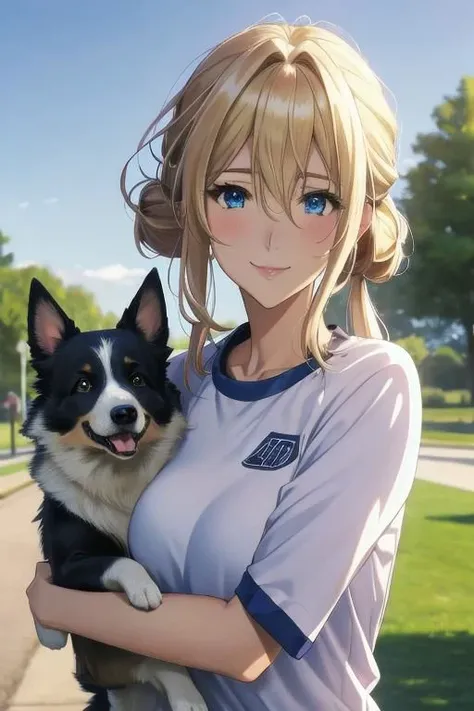 masterpiece, best quality, detailed,Super high quality0,perfect anatomy,beautiful light and shadow, ,Beautiful white skin ,blond hair,blue eyes,disheveled hair,slim,adult,woman in her late 30s ,1woman,Violet Evergarden,
,Various poses,various expressions,various hairstyles,from various directions,
smile,happiness,
,sportswear,
early morning park,Dog-walking,border collie walk,play with dog,