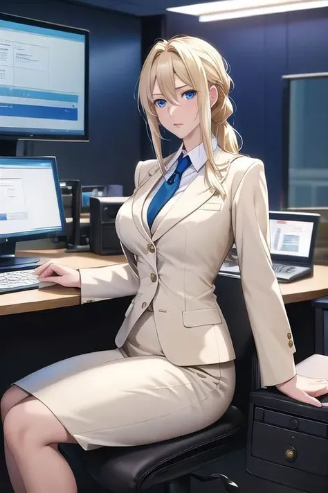 masterpiece, best quality, detailed,Super high quality0,perfect anatomy,beautiful light and shadow, ,Beautiful white skin ,blond hair,blue eyes,disheveled hair,slim,adult,woman in her late 30s ,1woman,Violet Evergarden,
,Various poses,serious expression0,various hairstyles,from various directions,
anime style high quality 8k digital painting,sitting on a chair next to a computer, wearing a womans suit, Wear a suit casually, no tie, office setting in a cubicle, white lighting, working hard, masterpiece quality,