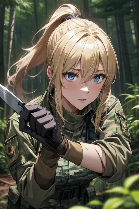 1 woman, beautiful,whole body,<lora:Army uniform By Stable yogi:0.8>wearing army camouflage uniform, dirty military uniform, forest, camp,rifle,0multiple scars on face,
Brown Gloves,large breasts,blue eyes,clear eyes,glare,0blond hair,disheveled hair, ponytail, dirty face,various poses,violet evergarden,
Beautiful light and shadow in the forest,Take photos from different angles,
,have a survival knife,fight with survival knife,grab a survival knife,Fighting pose with survival knife,