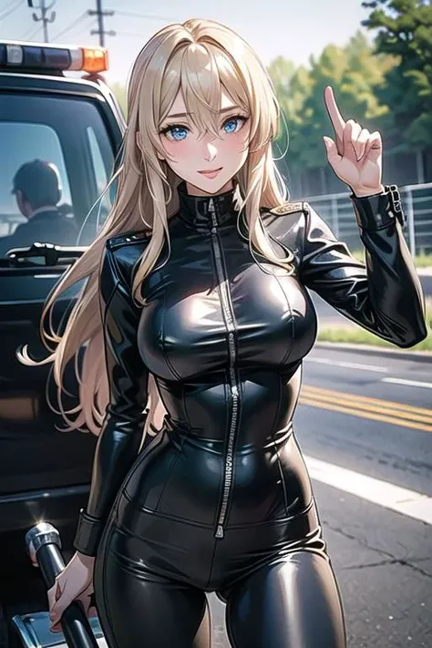 Erotic, (masterpiece),((ultra-detailed)), (highly detailed CG illustration),(expressionless), (best quality:1.2),(1girl:1.2),High quality texture, intricate details, detailed texture, High quality shadow,blue eyes , depth of field, perspective,20s, (big eyes:1.2),blush, (thin lips), glossy lips, natural body, curvy body, large breast, distinct_image, (lustrous skin), solo focus, (blond hair), (streaked hair),
Various poses
,Violet Evergarden,
Fitted black leather pants,black leather jacket,Leather racing pupa,
smile,happy,
outdoor,highway,
morning sun,dawn,motorcycle police,highway patrol,police vehicle,Large white police motorcycle,