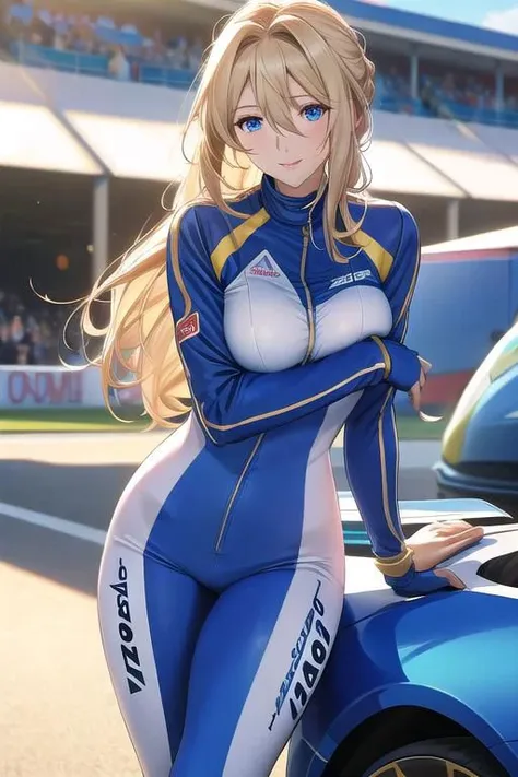 masterpiece, best quality, detailed,Super high quality0,perfect anatomy,beautiful light and shadow, ,Beautiful white skin ,blond hair,blue eyes,disheveled hair,slim,adult,woman in her late 30s ,1woman,Violet Evergarden,
,Various poses,various expressions,various hairstyles,from various directions,
smile,happiness,
Racing suit for auto racing,hold a helmet under one's arm,have a helmet
outdoor,circuit,stand in front of a racing car,