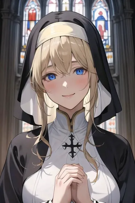 masterpiece,best quality, ultra res, extremely detailed,droopy eyes,
1woman,perfect anatomy,
,Beautiful face,blond hair ,blue eye ,Violet Evergarden,smile,
sister costume,nun,praying,Amen,
church,mysterious light from stained glass,