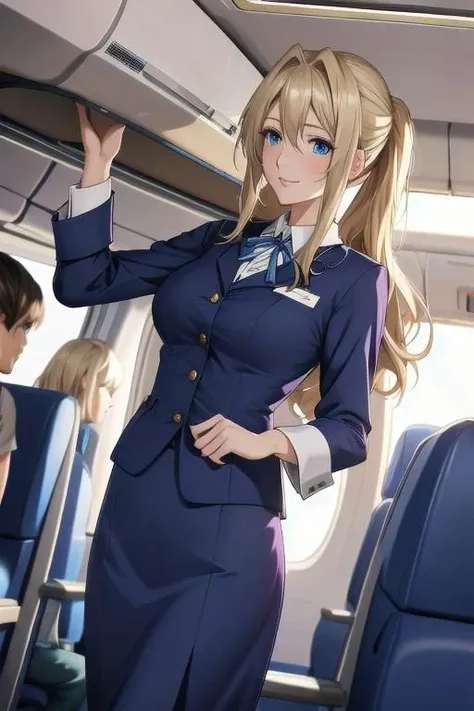 masterpiece, best quality, detailed,Super high quality0,perfect anatomy,beautiful light and shadow, ,Beautiful white skin ,blond hair,blue eyes,disheveled hair,slim,adult,woman in her late 30s ,1woman,Violet Evergarden,
,Various poses,various expressions,various hairstyles,from various directions,
smile,happiness,
Cabin attendant,stewardess uniform,
Inside of a passenger plane,large number of passengers,Entertainment for passengers,Customer service between seats,