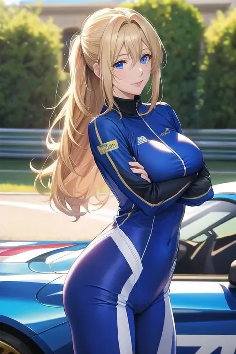 masterpiece, best quality, detailed,Super high quality0,perfect anatomy,beautiful light and shadow, ,Beautiful white skin ,blond hair,blue eyes,disheveled hair,slim,adult,woman in her late 30s ,1woman,Violet Evergarden,
,Various poses,various expressions,various hairstyles,from various directions,
smile,happiness,
Racing suit for auto racing,hold a helmet under one's arm,
outdoor,circuit,stand in front of a racing car,