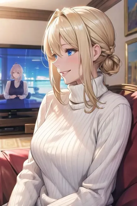 masterpiece, best quality, detailed, sidelighting,Beautiful white skin ,blond hair,blue eyes,disheveled hair,slim,adult, ,1woman,Violet Evergarden,
sweater,turtleneck sweater,
indoor,living room,Watching TV.,Sit on the sofa,smile open-mouthed,explosive laughter,profile,