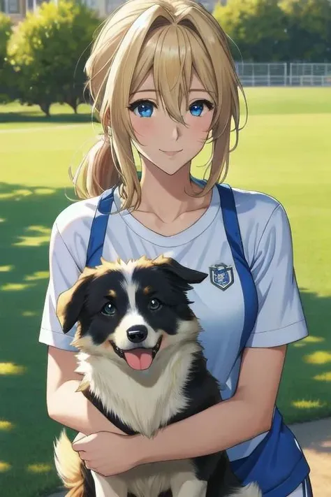 masterpiece, best quality, detailed,Super high quality0,perfect anatomy,beautiful light and shadow, ,Beautiful white skin ,blond hair,blue eyes,disheveled hair,slim,adult,woman in her late 30s ,1woman,Violet Evergarden,
,Various poses,various expressions,various hairstyles,from various directions,
smile,happiness,
,sportswear,
early morning park,Dog-walking,border collie walk,play with dog,