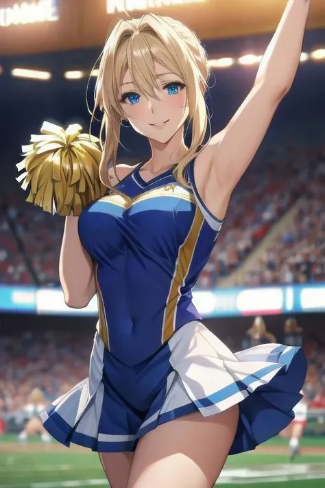 masterpiece, best quality, detailed, sidelighting,Beautiful white skin ,blond hair,blue eyes,disheveled hair,slim,adult,woman in her late 30s ,1woman,Violet Evergarden,
,Various poses,various expressions,
smile,happiness,wonderful smile,
,
cheer leading,cheerleader costume,
outdoor,american football field,