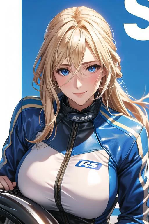 masterpiece, best quality, detailed,Perfect Anatomy, Beautiful white skin ,blond hair,blue eyes,disheveled hair,slim,adult, ,1woman,Beautiful well-rounded face, drooping eyes,pointy high nose,smile,nose bridge,Violet Evergarden, whole body,
Motorcycle Racers,Leather racing suit,
Helmet in hand,
circuit,motorcycle race,In front of a racing motorcycle,