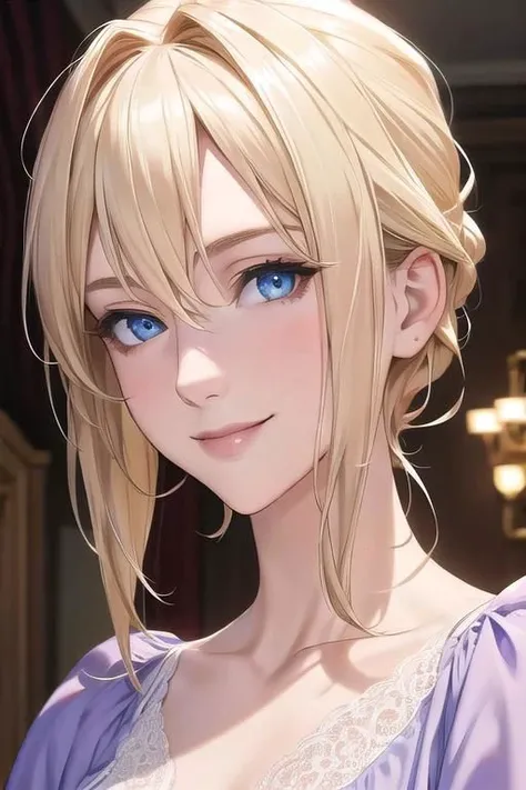 masterpiece, best quality, detailed,Beautiful white skin ,blond hair,blue eyes,disheveled hair,slim,adult, ,1woman,Violet Evergarden,pointy high nose,nostril pits,smile,nose bridge,
nightgown,transparent nightgown,All-lace nightgown,close up of face,
Bedroom,night,dim room,
,Look at me and laugh,stare at this,lean forward,upward glance,