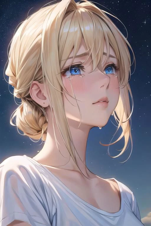 masterpiece, best quality, detailed, sidelighting,Beautiful white skin ,blond hair,blue eyes,disheveled hair,slim,adult, ,1woman,Violet Evergarden,
,Upper body close-up,portrait photography,Various poses,
terribly sad,She's crying.,She's shedding big tears.,
white shirt,T-shirt,
outdoors,starry sky,