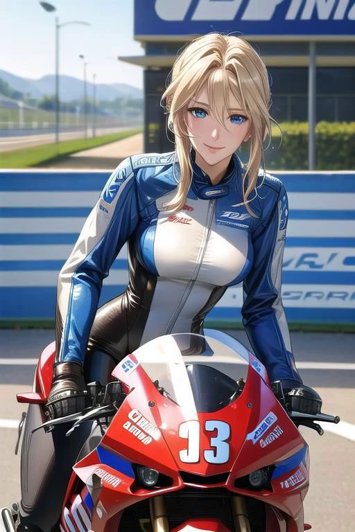 masterpiece, best quality, detailed,Perfect Anatomy, Beautiful white skin ,blond hair,blue eyes,disheveled hair,slim,adult, ,1woman,Beautiful well-rounded face, drooping eyes,pointy high nose,smile,nose bridge,Violet Evergarden, whole body,
Motorcycle Racers,Leather racing suit,
Helmet in hand,
outdoor,circuit,motorcycle race,In front of a racing motorcycle,
