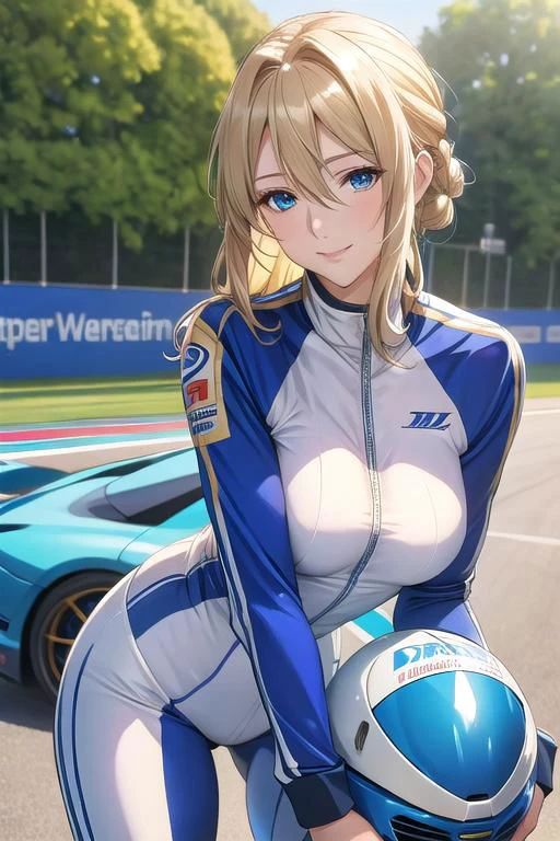 masterpiece, best quality, detailed,Super high quality0,perfect anatomy,beautiful light and shadow, ,Beautiful white skin ,blond hair,blue eyes,disheveled hair,slim,adult,woman in her late 30s ,1woman,Violet Evergarden,
,Various poses,various expressions,various hairstyles,from various directions,
smile,happiness,
Racing suit for auto racing,hold a helmet under one's arm,have a helmet
outdoor,circuit,stand in front of a racing car,