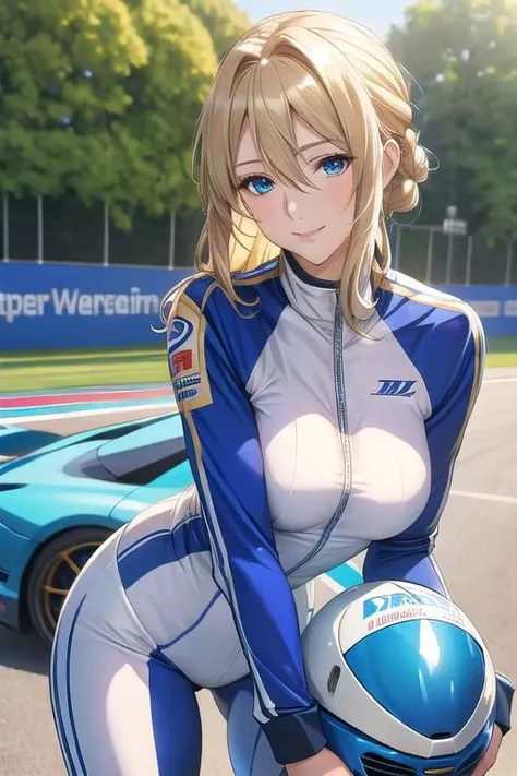 masterpiece, best quality, detailed,Super high quality0,perfect anatomy,beautiful light and shadow, ,Beautiful white skin ,blond hair,blue eyes,disheveled hair,slim,adult,woman in her late 30s ,1woman,Violet Evergarden,
,Various poses,various expressions,various hairstyles,from various directions,
smile,happiness,
Racing suit for auto racing,hold a helmet under one's arm,have a helmet
outdoor,circuit,stand in front of a racing car,