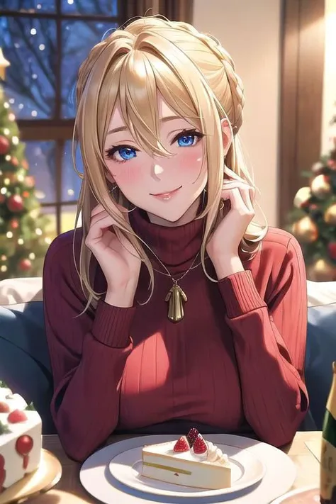 masterpiece, best quality, detailed, sidelighting,Beautiful white skin ,blond hair,blue eyes,disheveled hair,slim,adult, ,1woman,Violet Evergarden,Happy and fun,Drunk and a little red face,coquettish face,
sweater,turtleneck sweater,
indoor,evening,late at night, living room,Living room decorated for Christmas,Beautiful light and shadow of lighting,
Sitting on the couch. ,hold a glass of champagne,Cake and champagne at the table,Eating cake with glee,Christmas cake,Christmas Dinner,Roasted whole turkey,Christmas Dinner on the Table,