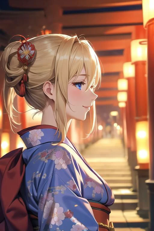 masterpiece, best quality, detailed,Beautiful white skin ,blond hair,blue eyes,disheveled hair,slim,adult, ,1woman,Violet Evergarden,pointy high nose,nostril pits,smile,nose bridge,whole body,from various angles,
Japanese maiko,Furisode,Japanese clothes,beautiful floral kimono,
,Look at me and laugh,
outdoor,Kyoto, Japan,Fushimi Inari at night,Many red torii gates lined up in an orderly manner,