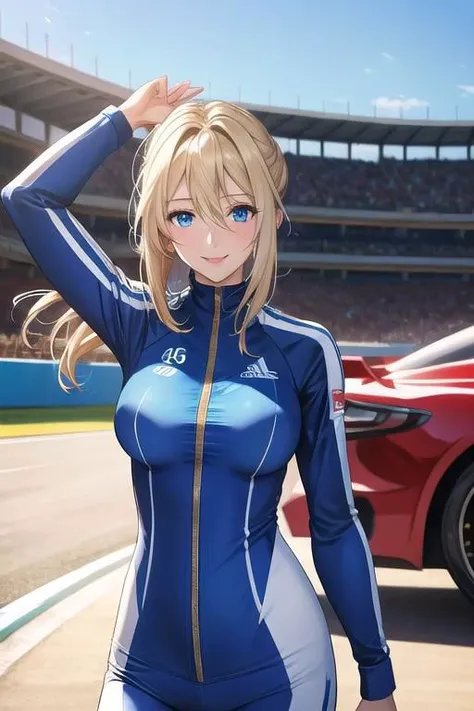 masterpiece, best quality, detailed,Super high quality0,perfect anatomy,beautiful light and shadow, ,Beautiful white skin ,blond hair,blue eyes,disheveled hair,slim,adult,woman in her late 30s ,1woman,Violet Evergarden,
,Various poses,various expressions,various hairstyles,from various directions,
smile,happiness,
Racing suit for auto racing,hold a helmet under one's arm,have a helmet
outdoor,circuit,stand in front of a racing car,