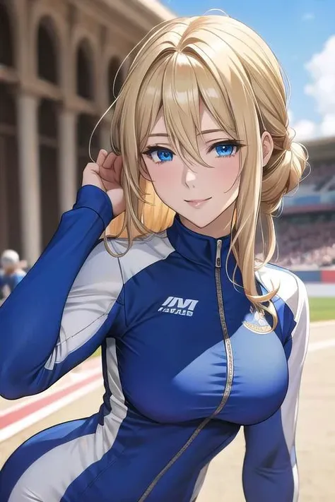 masterpiece, best quality, detailed,Super high quality0,perfect anatomy,beautiful light and shadow, ,Beautiful white skin ,blond hair,blue eyes,disheveled hair,slim,adult,woman in her late 30s ,1woman,Violet Evergarden,
,Various poses,various expressions,various hairstyles,from various directions,
smile,happiness,
Racing suit for auto racing,hold a helmet under one's arm,have a helmet
outdoor,circuit,stand in front of a racing car,