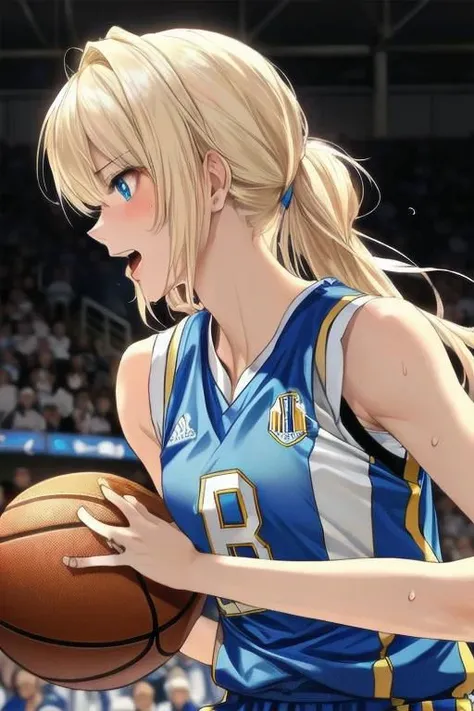masterpiece, best quality, detailed,Super high quality,perfect anatomy,beautiful light and shadow,1woman,Beautiful white skin ,blond hair,blue eyes,disheveled hair,slim,cute ,
basketball,playing basketball,lots of sweat,dunk shot,doing a dunk shot,intense play,jump shot,
negative_hand,