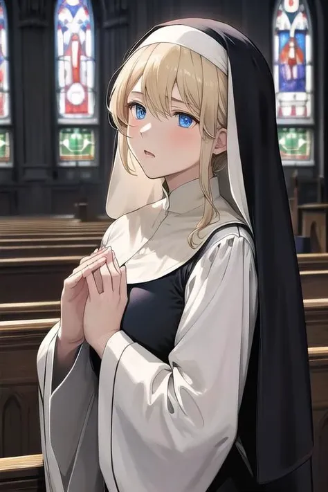 masterpiece,best quality, ultra res, extremely detailed,droopy eyes,
1woman,perfect anatomy,
,Beautiful face,blond hair ,blue eye ,Violet Evergarden,
sister costume,nun,praying,Amen,
church,mysterious light from stained glass,