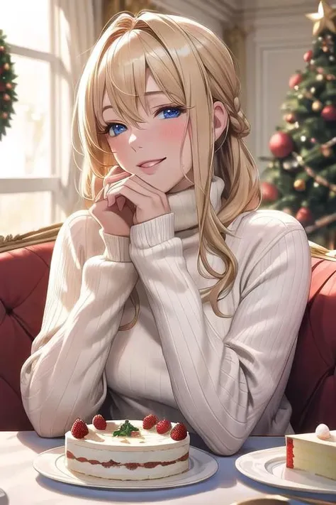 masterpiece, best quality, detailed, sidelighting,Beautiful white skin ,blond hair,blue eyes,disheveled hair,slim,adult, ,1woman,Violet Evergarden,Happy and fun,Drunk and a little red face,coquettish face,
sweater,turtleneck sweater,
indoor,evening,late at night, living room,Living room decorated for Christmas,Beautiful light and shadow of lighting,
Sitting on the couch. ,hold a glass of champagne,Cake and champagne at the table,Eating cake with glee,Christmas cake,Christmas Dinner,Roasted whole turkey,Christmas Dinner on the Table,