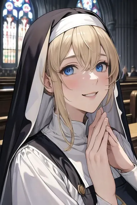 masterpiece,best quality, ultra res, extremely detailed,droopy eyes,
1woman,perfect anatomy,
,Beautiful face,blond hair ,blue eye ,Violet Evergarden,smile,
sister costume,nun,praying,
church,