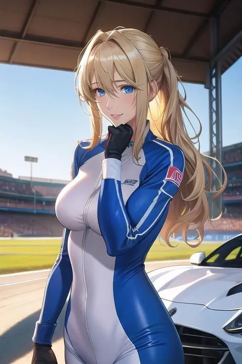 masterpiece, best quality, detailed,Super high quality0,perfect anatomy,beautiful light and shadow, ,Beautiful white skin ,blond hair,blue eyes,disheveled hair,slim,adult,woman in her late 30s ,1woman,Violet Evergarden,
,Various poses,various expressions,various hairstyles,from various directions,
smile,happiness,
Racing suit for auto racing,hold a helmet under one's arm,have a helmet
outdoor,circuit,stand in front of a racing car,