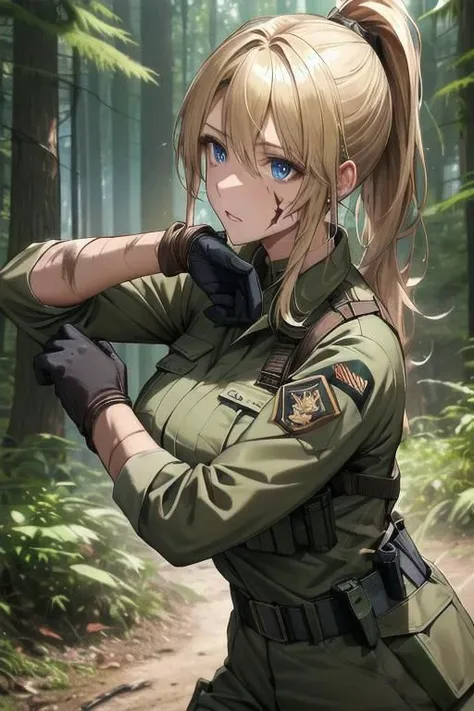 1 woman, beautiful,whole body,<lora:Army uniform By Stable yogi:0.8>wearing army camouflage uniform, dirty military uniform, forest, camp,rifle,0multiple scars on face,
Brown Gloves,large breasts,blue eyes,clear eyes,glare,0blond hair,disheveled hair, ponytail, dirty face,various poses,violet evergarden,
Beautiful light and shadow in the forest,Take photos from different angles,
,have a survival knife,fight with survival knife,grab a survival knife,Fighting pose with survival knife,