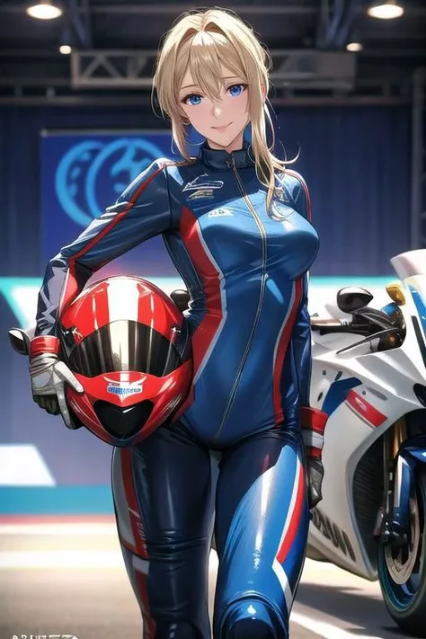 masterpiece, best quality, detailed,Perfect Anatomy, Beautiful white skin ,blond hair,blue eyes,disheveled hair,slim,adult, ,1woman,Beautiful well-rounded face, drooping eyes,pointy high nose,smile,nose bridge,Violet Evergarden, whole body,
Motorcycle Racers,Leather racing suit,
Helmet in hand,
circuit,motorcycle race,In front of a racing motorcycle,