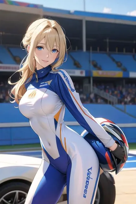 masterpiece, best quality, detailed,Super high quality0,perfect anatomy,beautiful light and shadow, ,Beautiful white skin ,blond hair,blue eyes,disheveled hair,slim,adult,woman in her late 30s ,1woman,Violet Evergarden,
,Various poses,various expressions,various hairstyles,from various directions,
smile,happiness,
Racing suit for auto racing,hold a helmet under one's arm,have a helmet
outdoor,circuit,stand in front of a racing car,