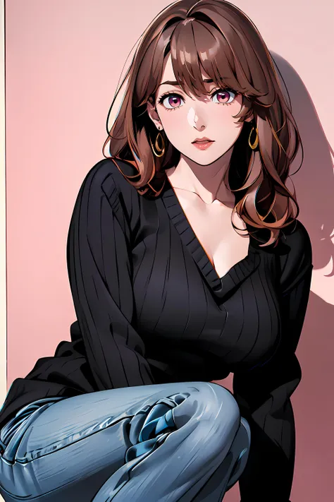 masterpiece,best quality, ultra res, extremely detailed,
1woman,Miyako Saitou,
<lora:MiyakoSaitouV1:0.1><lora:miyako:0.1> <lora:Character_saitou_miyako_v1:0.6>
pink eyes,light_brown hair,eyebrows_visible_through_hair,bangs
jewelry,collarbone, earrings,
black sweater,  oversized sweater, cleavage,
denim pants,
high heels shoes,
dynamic pose,
<lora:izumirika_lora:0.5>