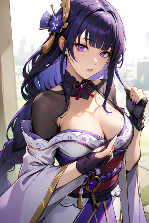 masterpiece,best quality, unreal engine, ultra res, extremely detailed,
1girl  <lora:raiden_shogun_off-1:1>
purple hair,long hair,  braid,  hair ornament, bangs,
mole, purple eyes, mole under eye,
large breasts,  cleavage, 
japanese clothes, kimono, sash, obi,  bridal gauntlets, purple nail
waist shot
 <lora:hews style by goofy ai:0.5>HEWS STYLE