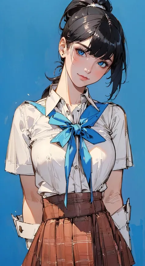 (Ultra detailed:1.3) ((((best quality))), (((ultra detailed))), (((masterpiece))),delicate face, 1 girl, refined features, youthful appearance, bright eyes, gentle smile, flawless complexion, elegant hairstyle, stylish attire, charming expression, modern style, confident posture, vibrant energy,school uniform, girl, neat, tidy, youthful, plaid skirt, white blouse, knee-high socks, ponytail, tying hair, energetic, fashionable, youthful, confident, short length, stylish, vibrant colors, modern, attractive appearance,
(upper body:1.2),Perfect body proportions,(blue background:1.3),
(by Artist Brian Bolland:1.3),(by Artist Joao Ruas:1.3),