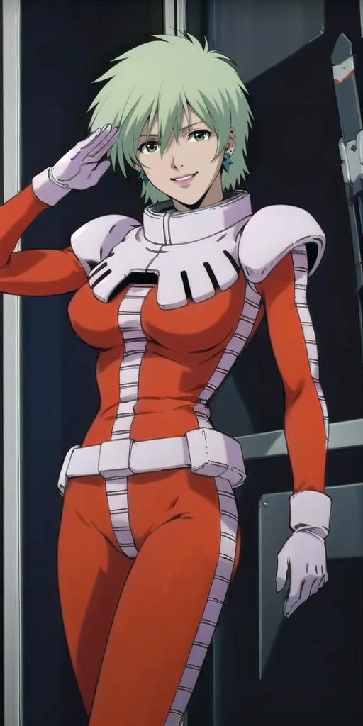 (mature female, tall_female:1.2)
wide hips, (toned:1.1), skintight, red bodysuit, muscular female, thick_thighs
<lora:inahsakhalin001:0.5> inahsakhalin,1girl, short hair,silvergreen hair,earrings,green eyes,lipstick, orange pilot suit, gloves, boots,
masterpiece, high quality, best quality,
absurdres, highres, incredibly absurdres
(in a science fiction, aircraft hangar, window, space, floating_hair, saluting, smiling:1.1)
realistic, close-up,