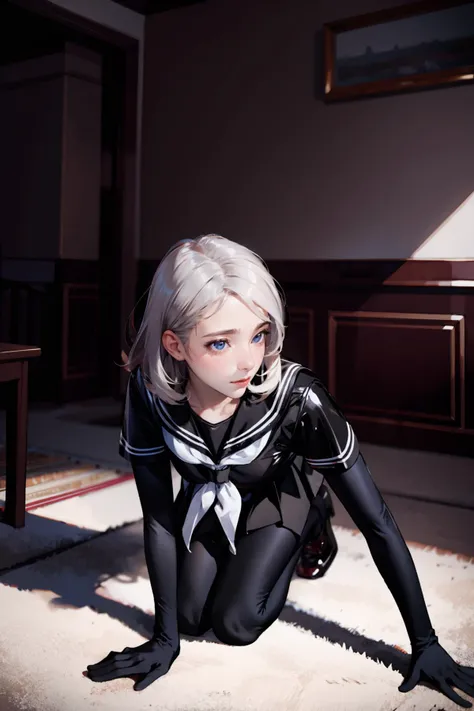 solo,1Girl,all fours,<lora:0451 latex sailor suit_v1:0.9>,ruanyi0451,black gloves,black skirt,pleated skirt,black pantyhose,long sleeves,full body,school,indoors,bent over,latex,black serafuku,, (incredibly absurdres, ultra-detailed,CG ,unity ,8k wallpaper),(masterpiece),(realistic),(photorealistic:1.2),(raw photo:1.2), (best quality:1.2), (detailed face :1.4),(beautiful detailed eyes :1.2),(detailed hair),light on face, huge filesize ,cinematic lighting, 1 girl ,sexy,