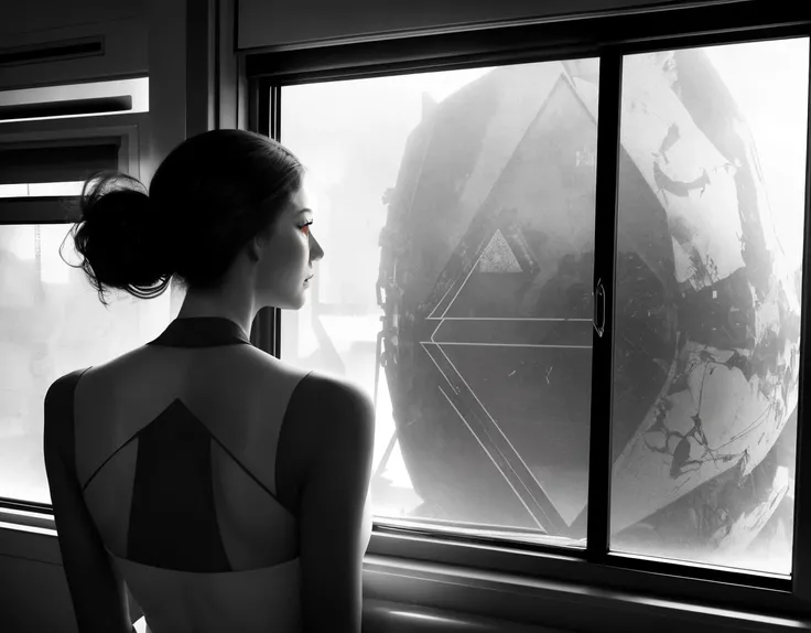 three cornered window, back of head shot of (woman looking out of triangle window:1.1), 3rd person, Looking out the triangular window of a (train:1.1) with triangular windows, triangular windows and triangular, wheels, in a fantasy world,
psychedelic, geometric, vivid light, high contrast, triadic colors, dark shadows, explosions, nuclear mushroom cloud, nuclear explosion, dystopian nightmare,
(beautiful composition),
21 yo woman,