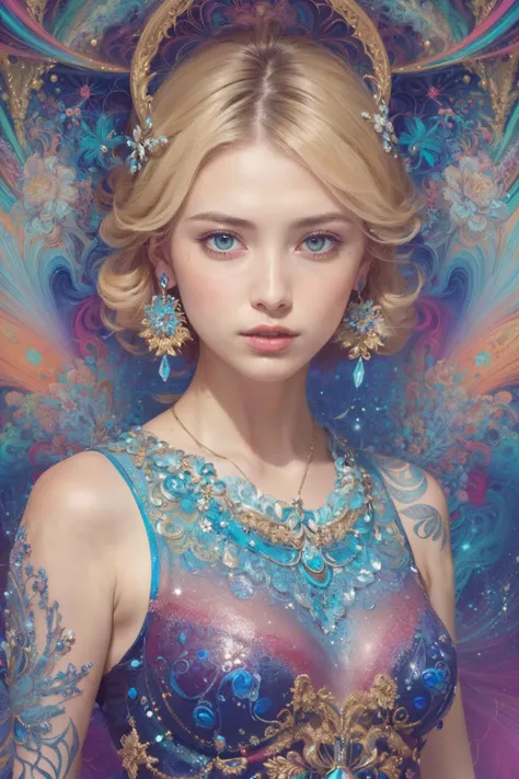 (best quality, masterpiece, official art, beautiful and aesthetic:1.2), 1girl, blonde, detailed face, (hair ornaments, earrings, flowers hair ornaments), upper body, dynamic pose, looking at viewer, particle, wind, flower, intricate background, extremely detailed, (fractal art:1.2), colorful, (zentangle:1.2), (abstract background:1.5), (many colors:1.4), pixelated fragments, data corruption, colorful noise, visual chaos, contemporary aesthetics,
art by terry gilliam,
(photographed on a Sony a9 II Mirrorless Camera , 50mm prime lens, F/1.4, (highly detailed), cinestill 800, 8mm film grain, (3/4 body:1.2)),