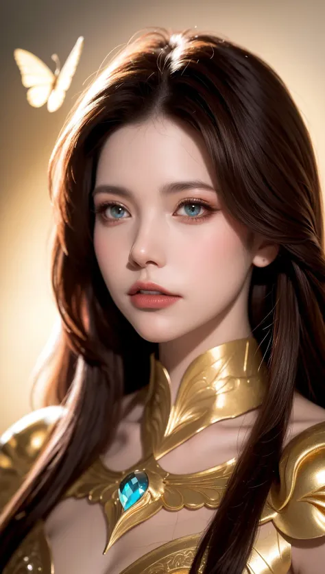 8k portrait of beautiful cyborg with brown hair, intricate, elegant, highly detailed, majestic, digital photography, art by artgerm and ruan jia and greg rutkowski surreal painting gold butterfly filigree, broken glass, (masterpiece, sidelighting, finely detailed beautiful eyes: 1.2), hdr