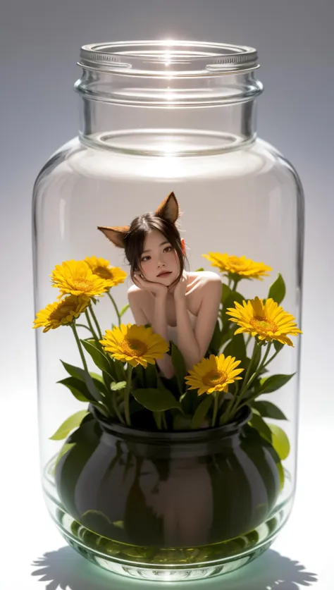 masterpiece, best quality, 1girl, in a jar, jar, simple background, full body, flower, sitting,erune